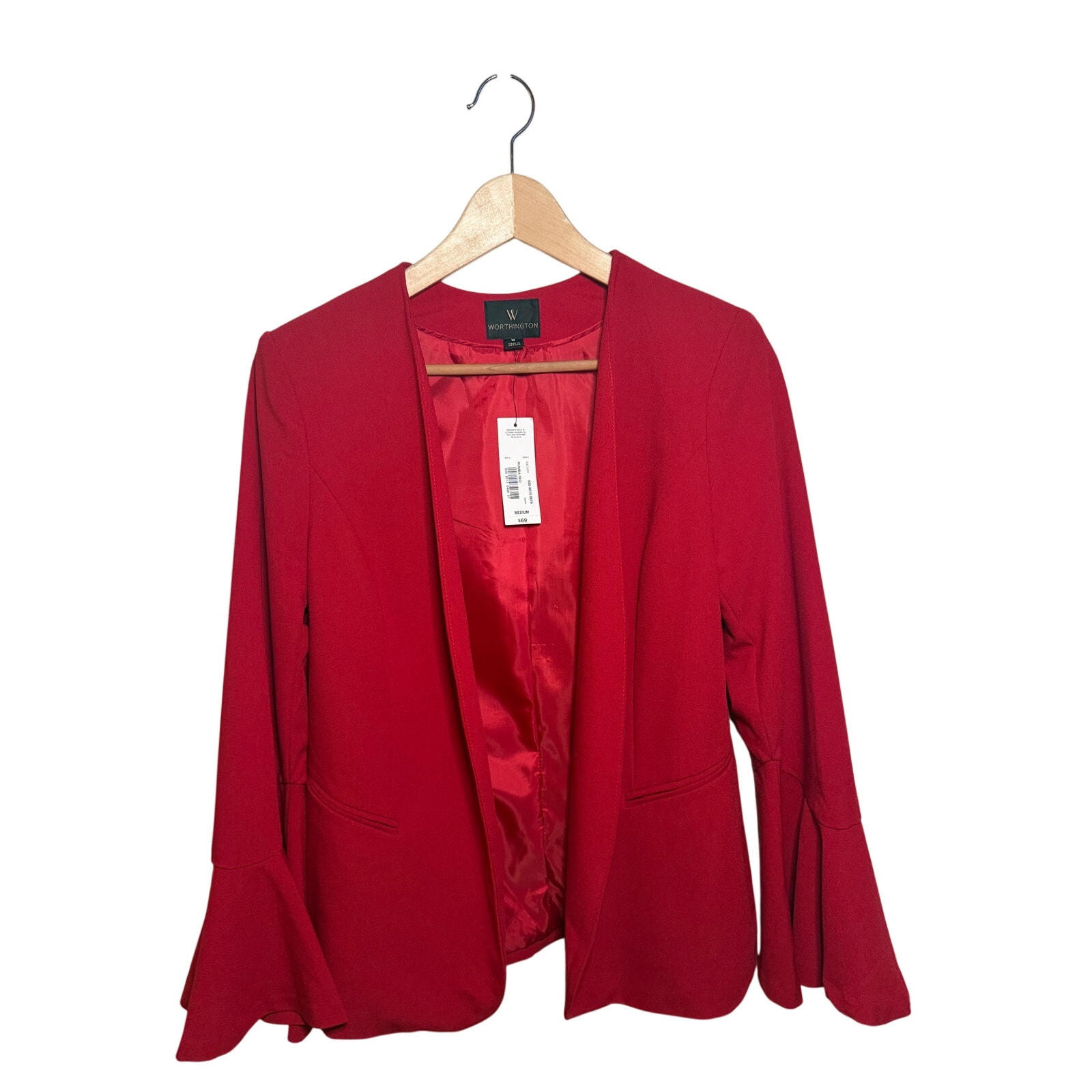 Worthington Red Bell Sleeve Blazer - Collarless Open Front Career Jacket Size M